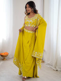 Rich Yellow Sequins Crepe Indo-Western Drape Lehenga Set With Shrug