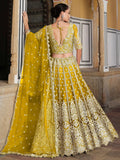 Awesome Yellow Embroidered Net Haldi Wear Lehenga Choli With Dupatta