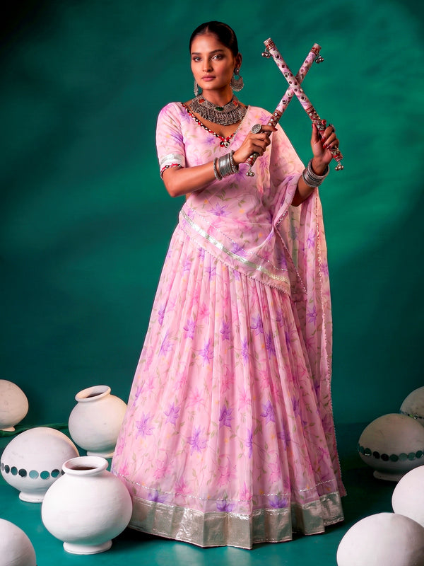 Charming Pink Floral Printed Silk Festival Wear Lehenga Choli