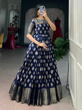 Marvelous Navy Blue Zari Weaving Cotton Festive Wear Gown