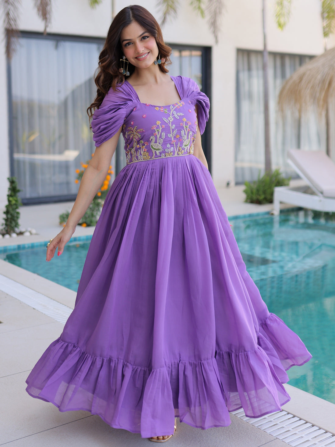Fantastic Purple Beads Work Chanderi Party Wear Gown