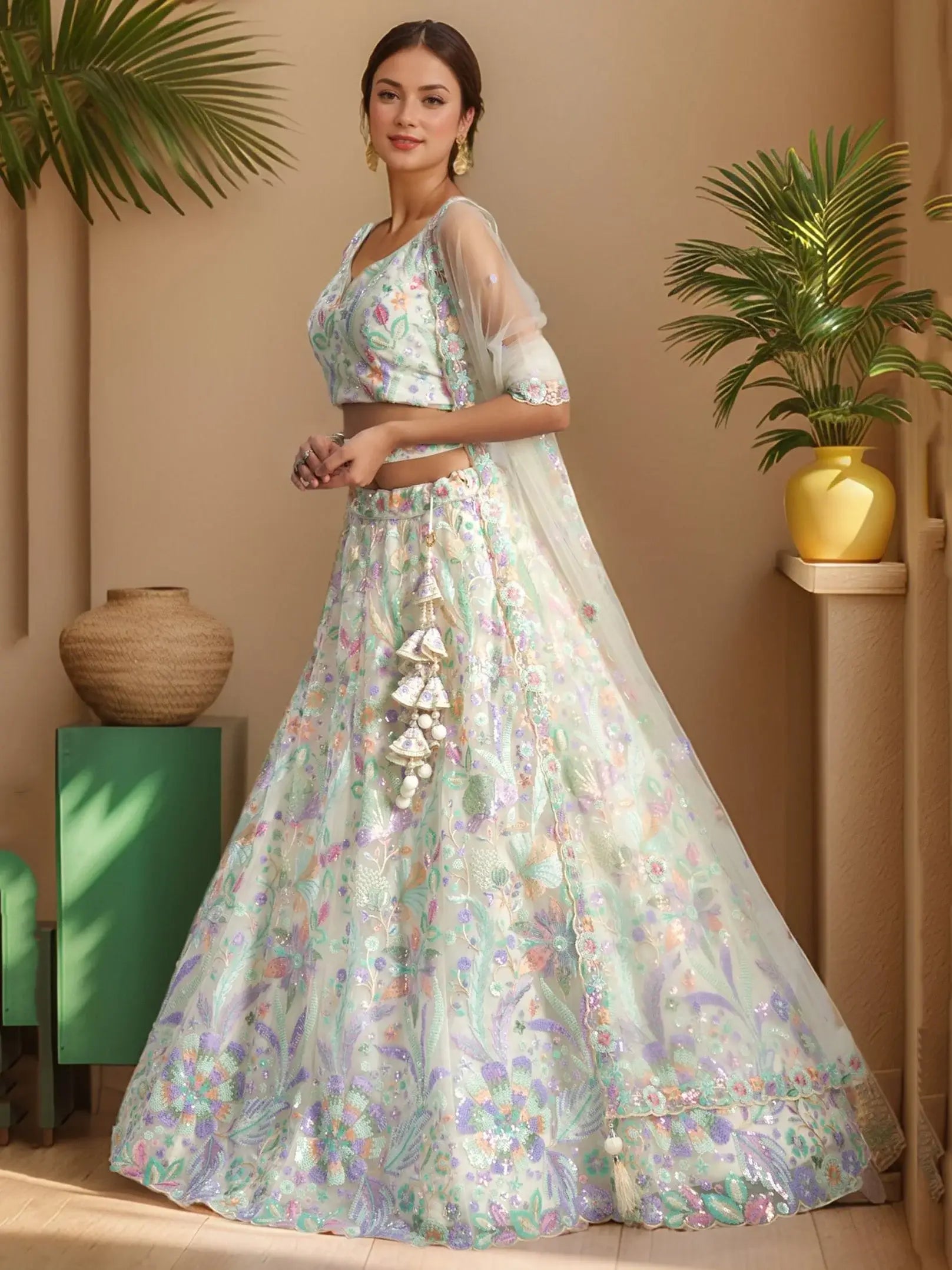 Phenomenal White Sequins Net Evening Wear Lehenga Choli With Dupatta