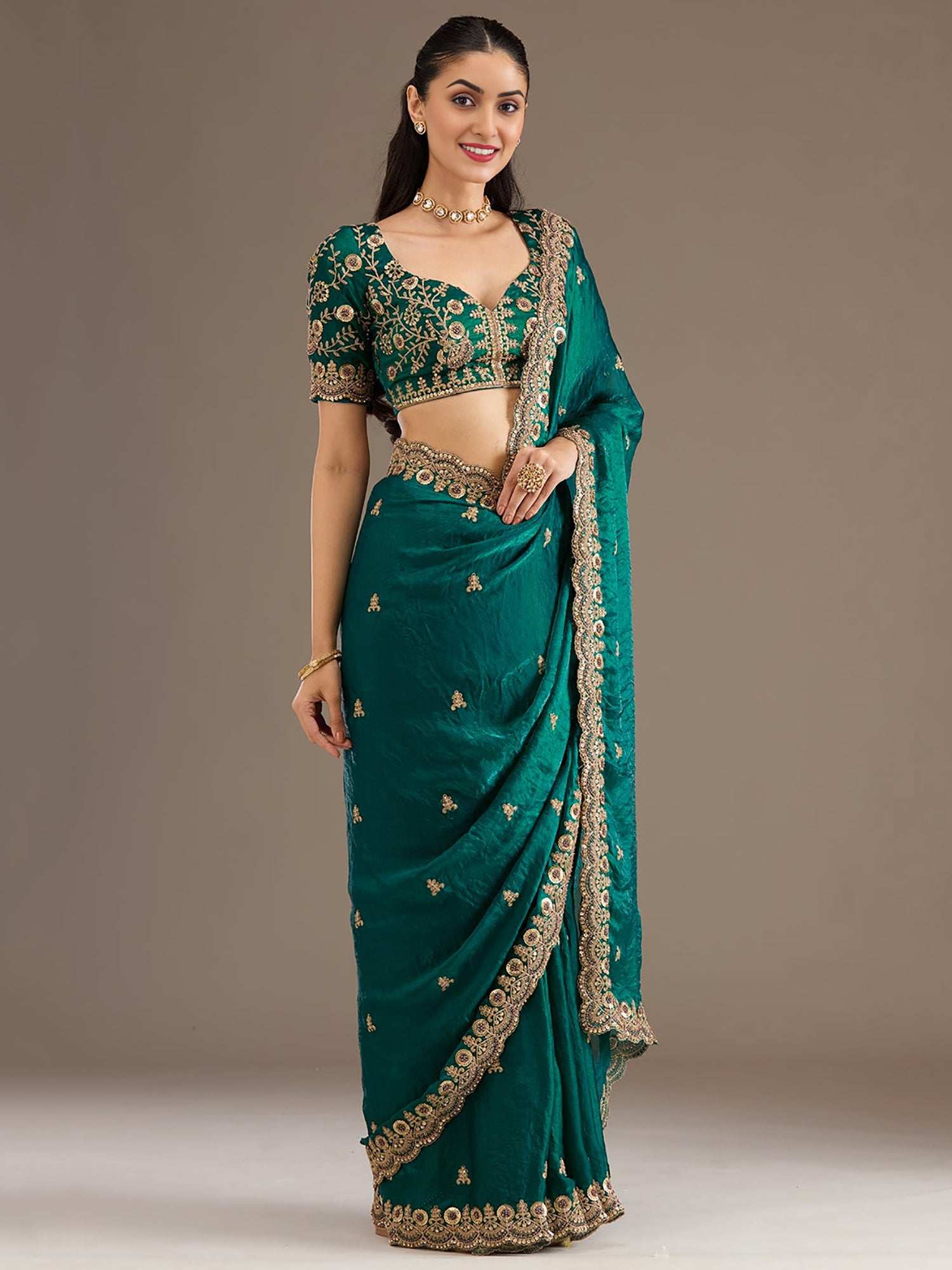 Graceful Teal Green Sequins Work Tissue Engagement Wear Saree With Blouse