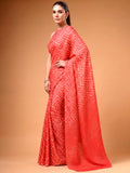 Attractive Coral Red Printed Satin Party Wear Saree With Blouse