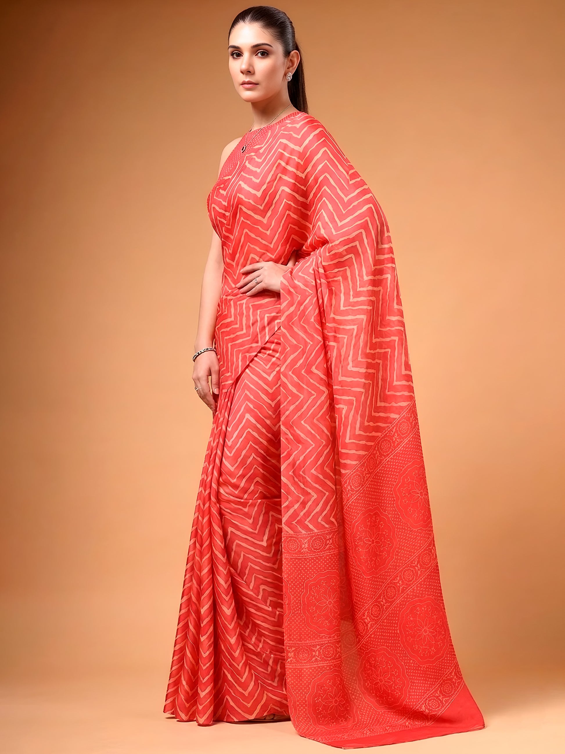 Attractive Coral Red Printed Satin Party Wear Saree With Blouse