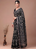 Wonderful Black Floral Printed Silk Casual Wear Saree With Blouse