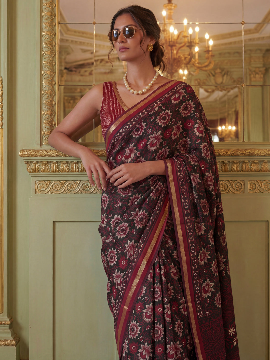 Gorgeous Black Floral Printed Silk Event Wear Saree With Blouse