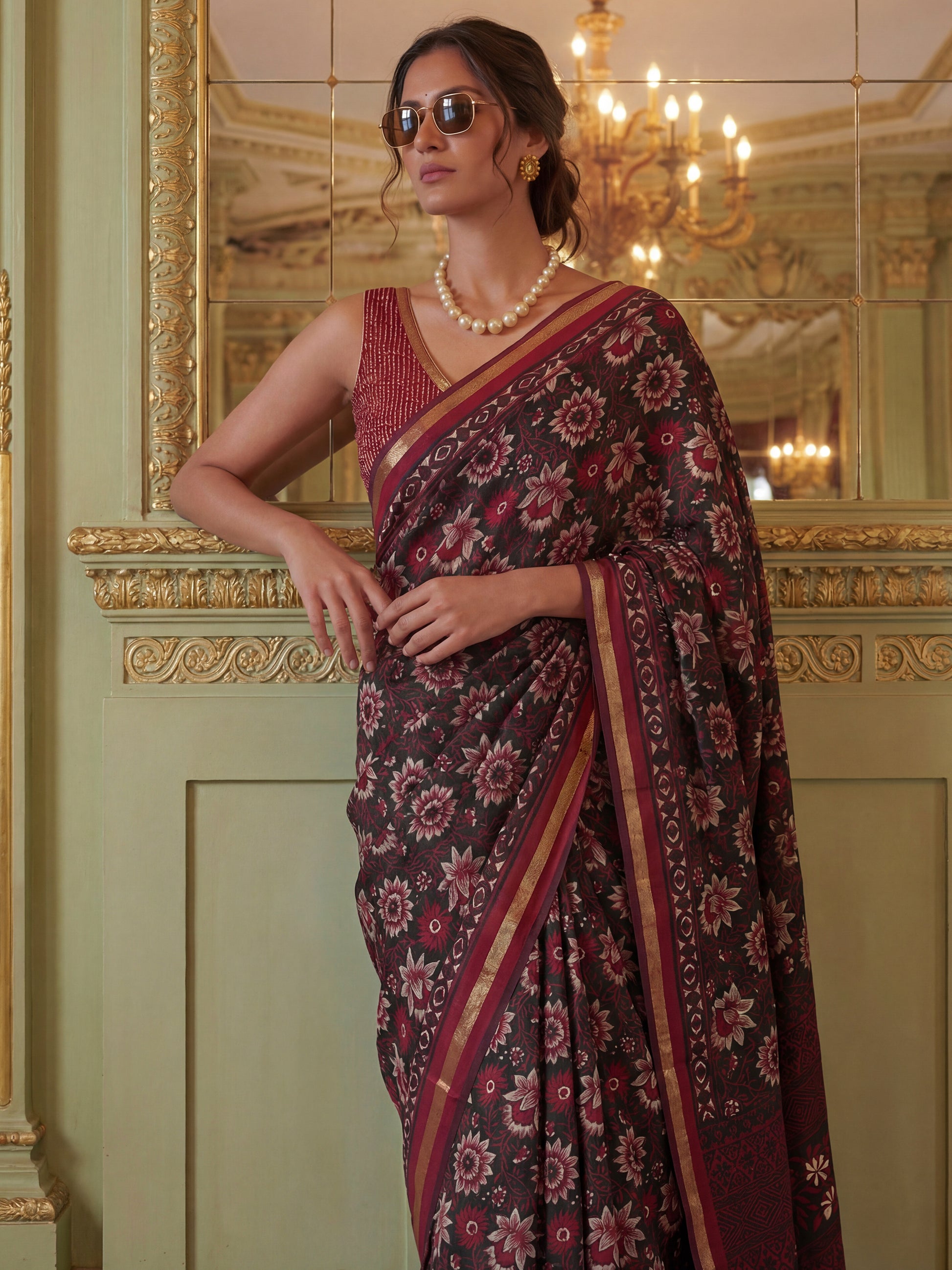 Gorgeous Black Floral Printed Silk Event Wear Saree With Blouse
