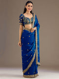 Rich Royal Blue Embroidered Tissue Designer Saree With Blouse