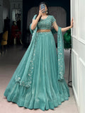 Gorgeous Sky-Blue Organza Party Wear Lehenga With Embroidered Choli