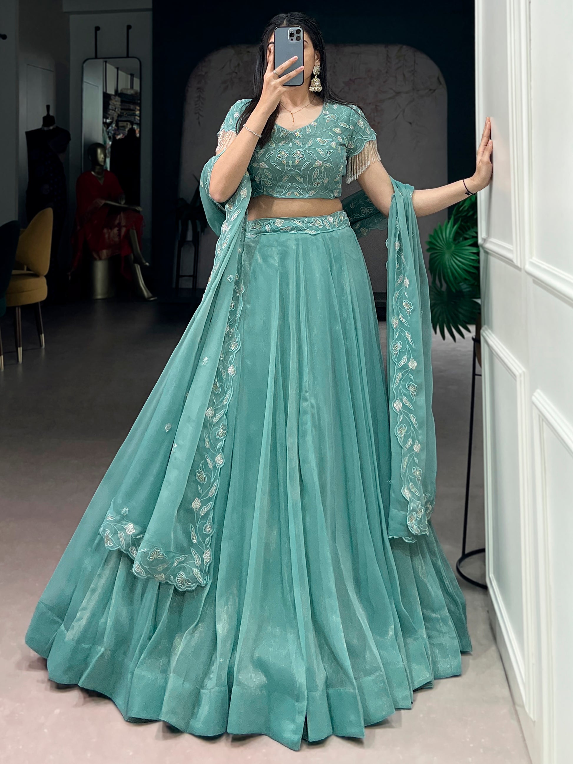 Gorgeous Sky-Blue Organza Party Wear Lehenga With Embroidered Choli