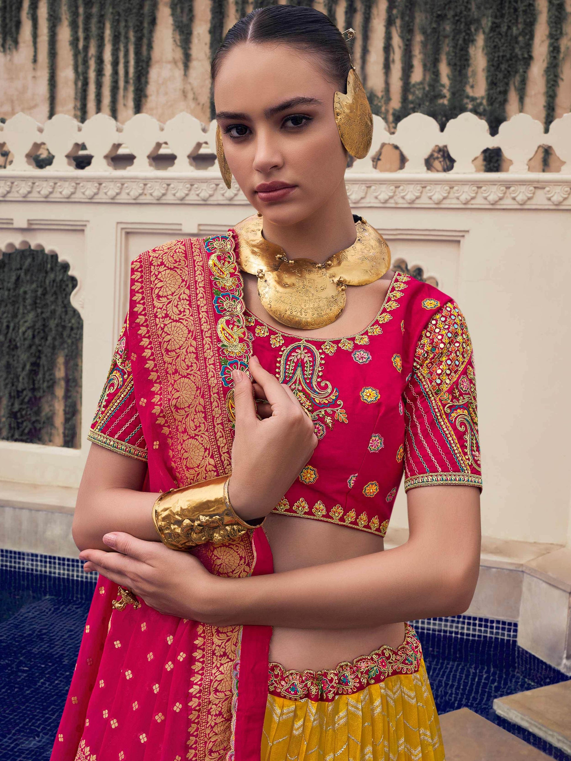 Lovely Mustard Yellow Thread Work Organza Engagement Wear Lehenga Choli