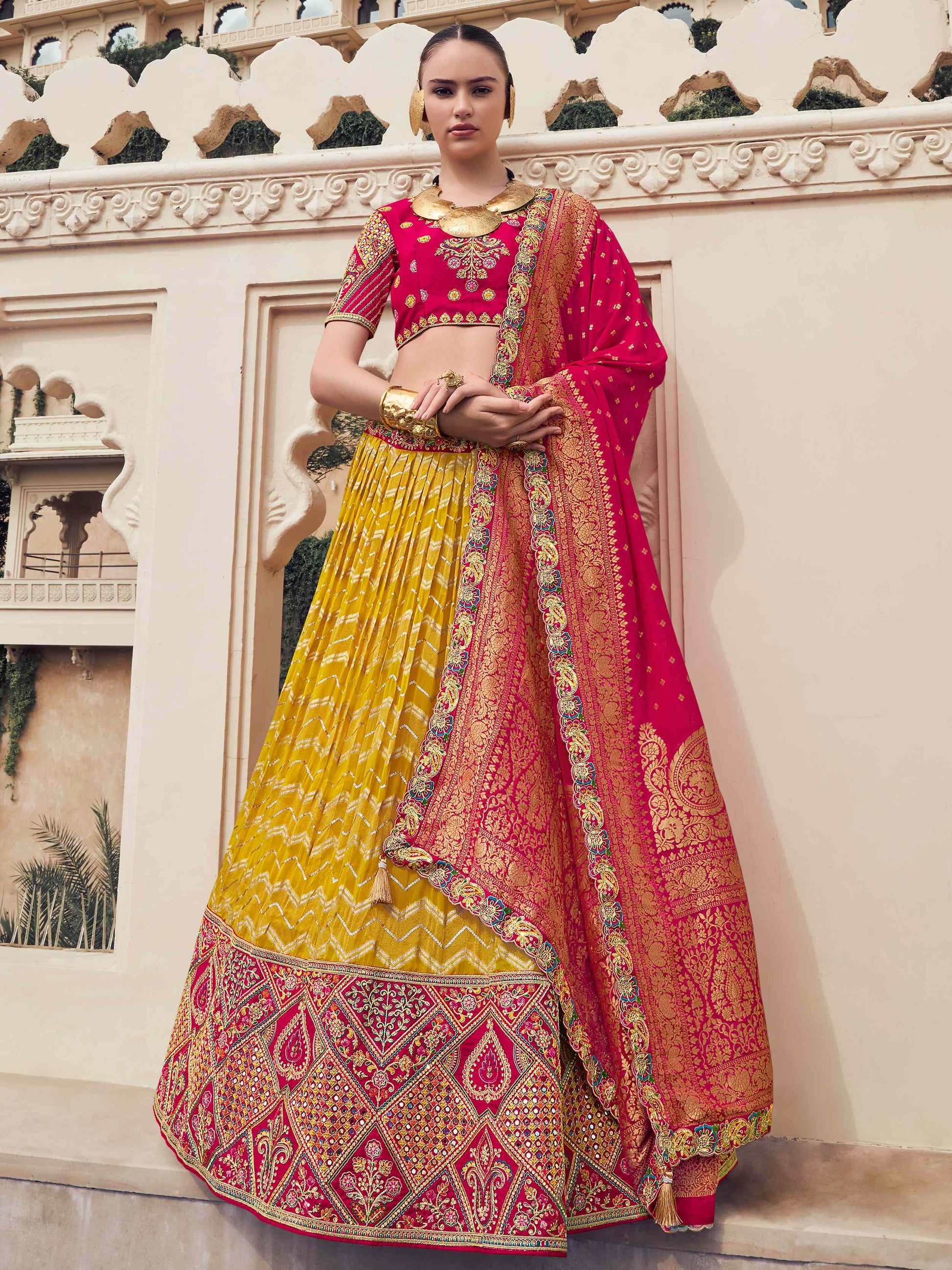 Lovely Mustard Yellow Thread Work Organza Engagement Wear Lehenga Choli