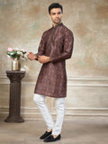 Stunning Brown Digital Printed Silk Traditional Men Kurta With Pant Set
