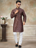 Stunning Brown Digital Printed Silk Traditional Men Kurta With Pant Set