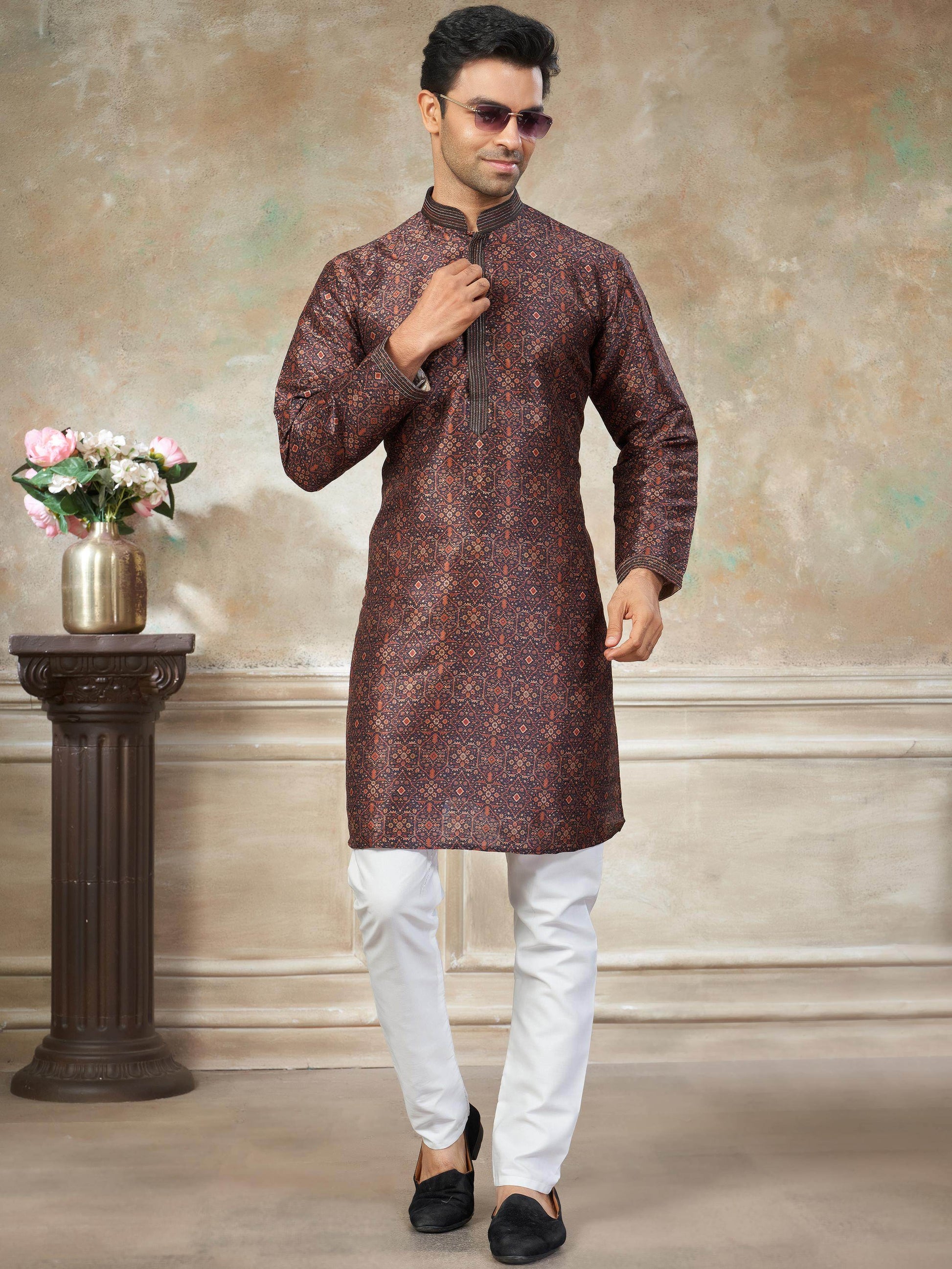 Stunning Brown Digital Printed Silk Traditional Men Kurta With Pant Set