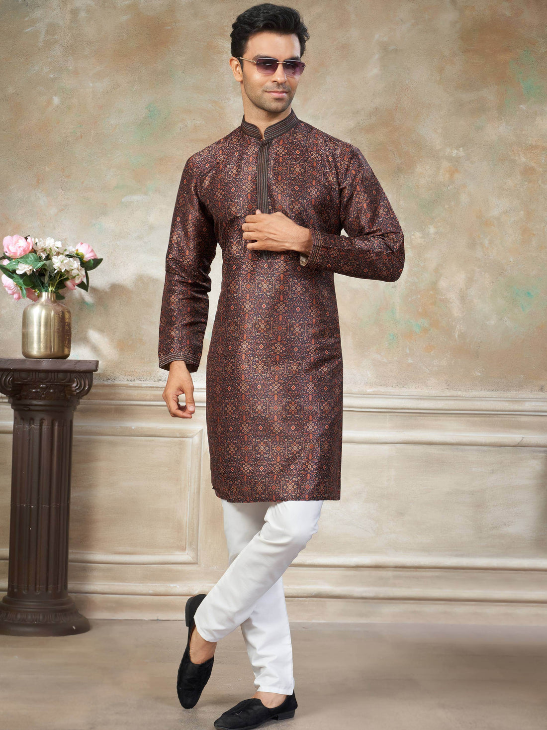 Stunning Brown Digital Printed Silk Traditional Men Kurta With Pant Set