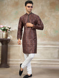 Stunning Brown Digital Printed Silk Traditional Men Kurta With Pant Set