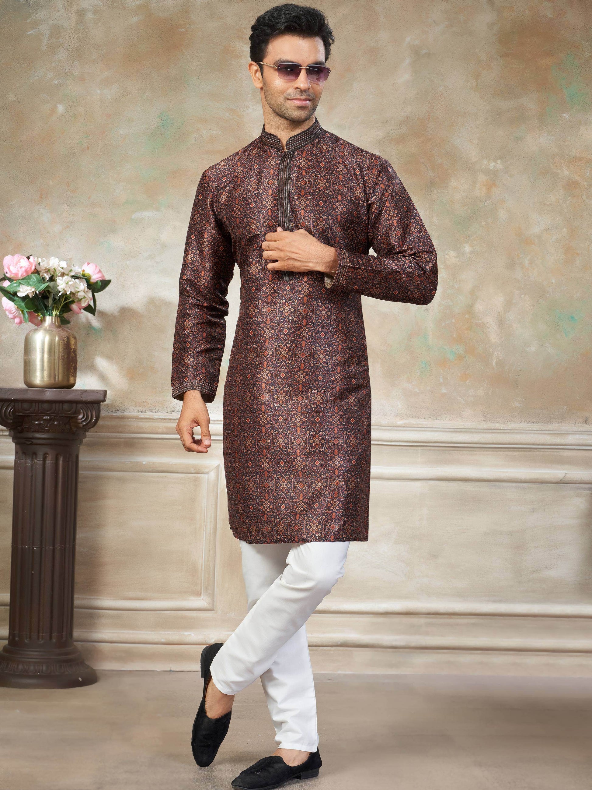 Stunning Brown Digital Printed Silk Traditional Men Kurta With Pant Set