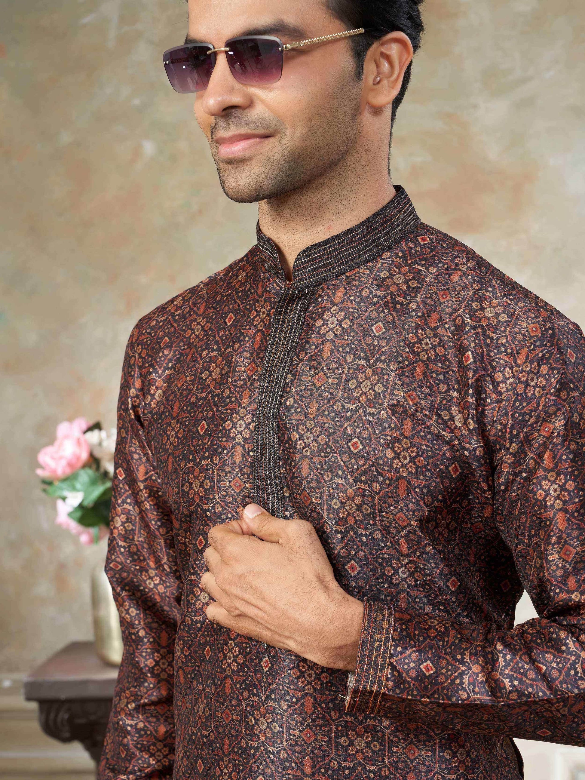Stunning Brown Digital Printed Silk Traditional Men Kurta With Pant Set