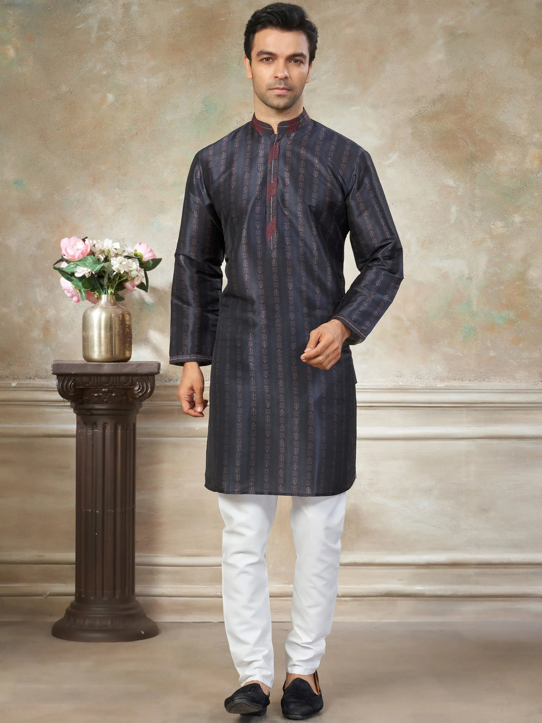 Lovable Dark Blue Pintex Work Silk Evening Wear Men Kurta Set