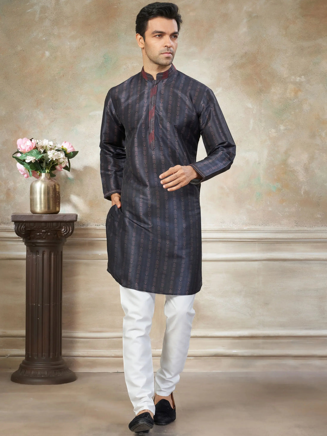 Lovable Dark Blue Pintex Work Silk Evening Wear Men Kurta Set