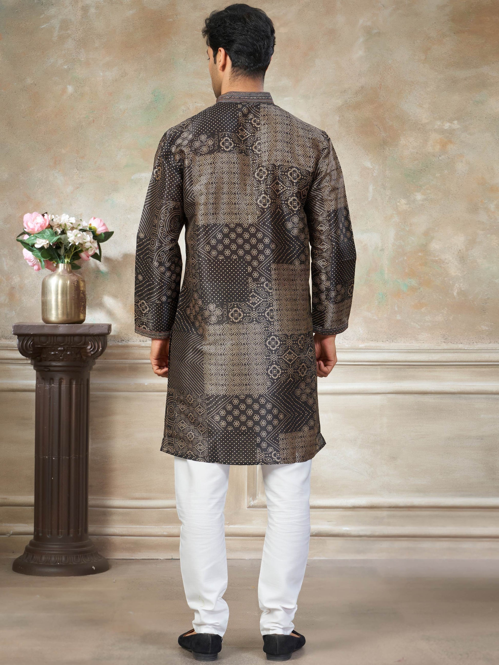 Awesome Dark Brown Pintex Work Silk Function Wear Men Kurta Set
