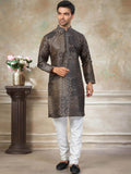 Awesome Dark Brown Pintex Work Silk Function Wear Men Kurta Set