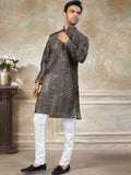 Awesome Dark Brown Pintex Work Silk Function Wear Men Kurta Set