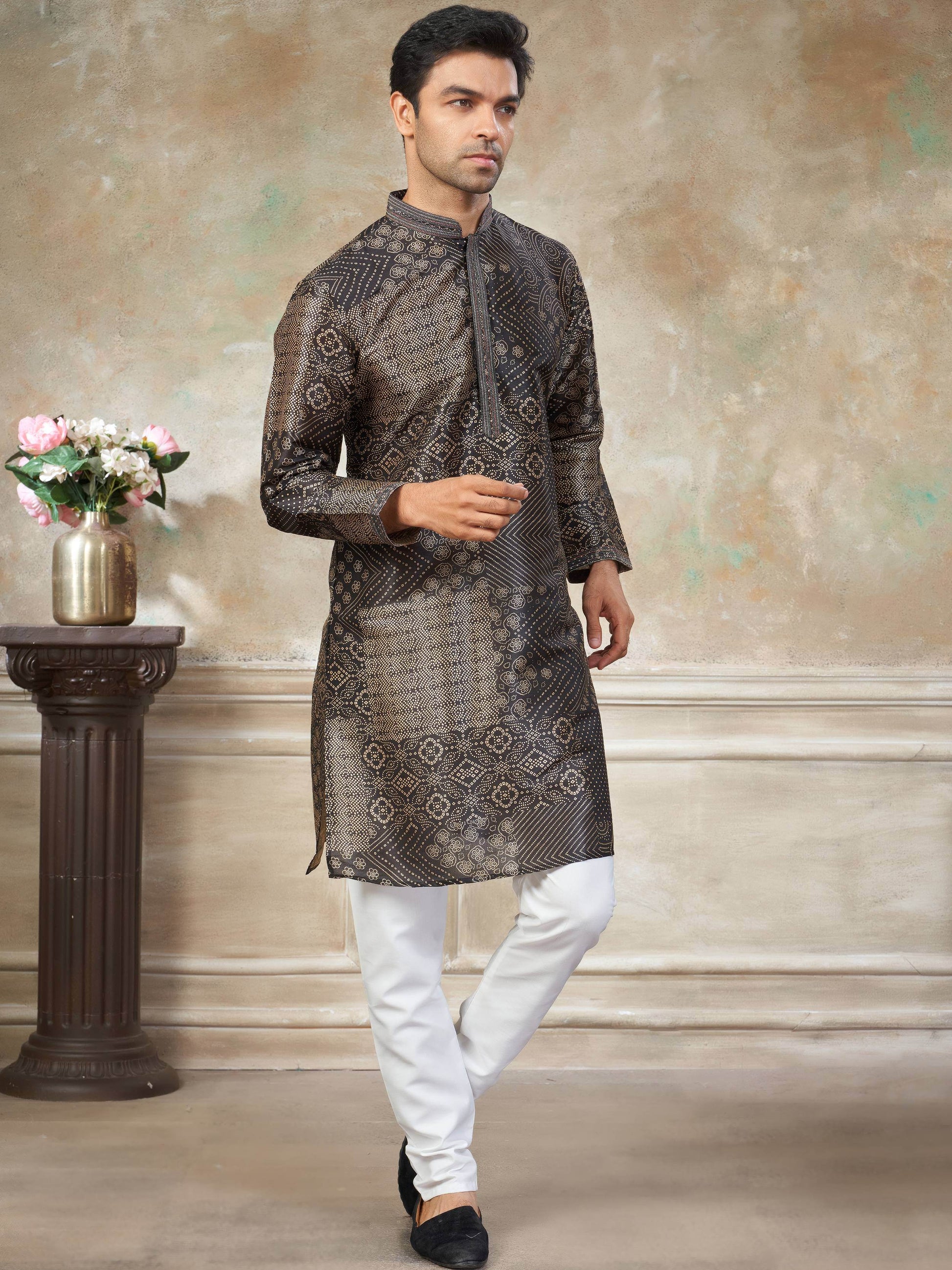 Awesome Dark Brown Pintex Work Silk Function Wear Men Kurta Set