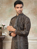Awesome Dark Brown Pintex Work Silk Function Wear Men Kurta Set