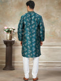Attractive Teal Green Digital Printed Silk Wedding Wear Men Kurta Set