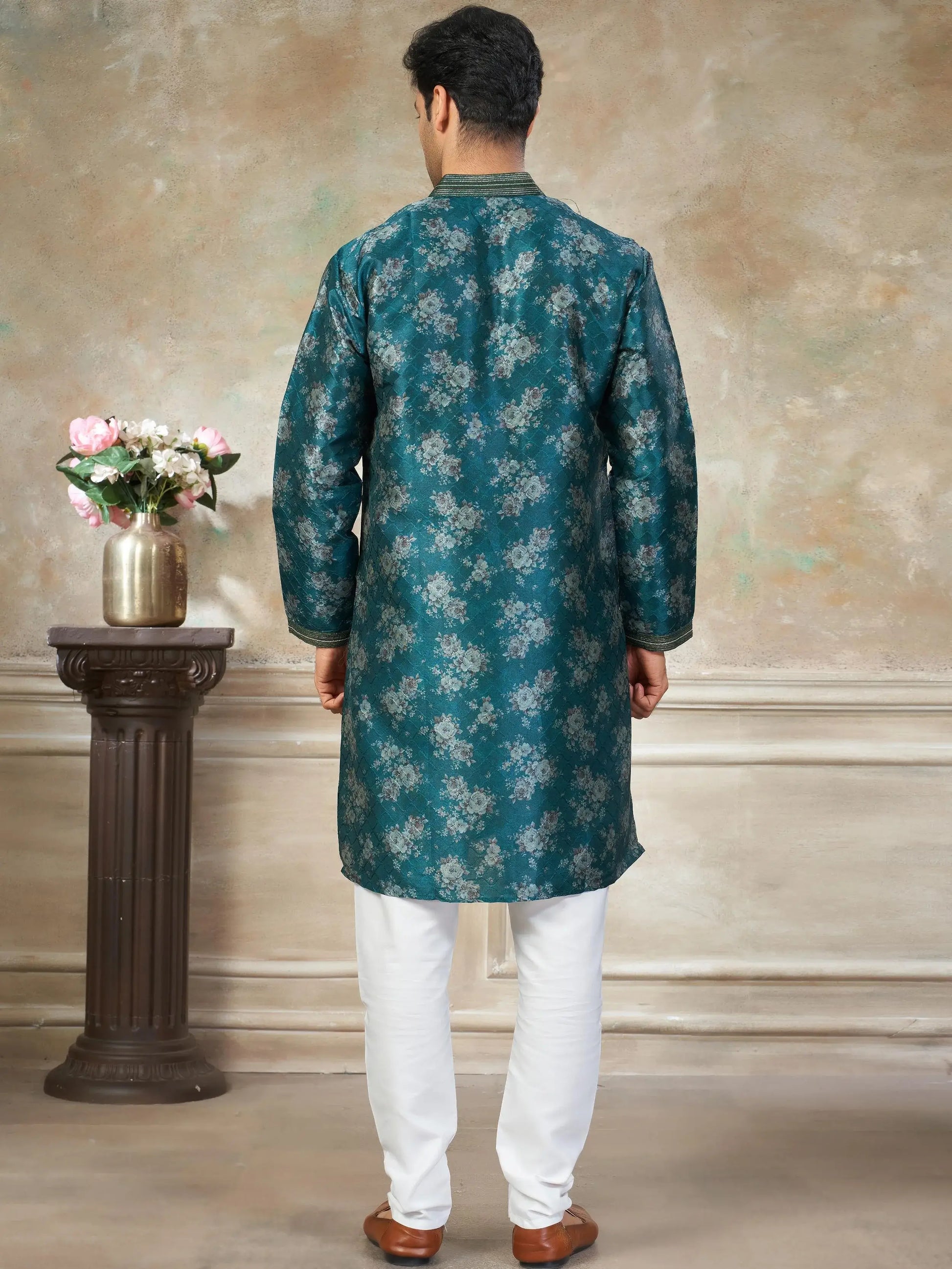 Attractive Teal Green Digital Printed Silk Wedding Wear Men Kurta Set