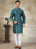 Attractive Teal Green Digital Printed Silk Wedding Wear Men Kurta Set