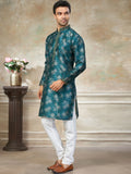 Attractive Teal Green Digital Printed Silk Wedding Wear Men Kurta Set