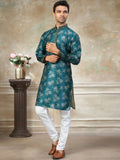 Attractive Teal Green Digital Printed Silk Wedding Wear Men Kurta Set