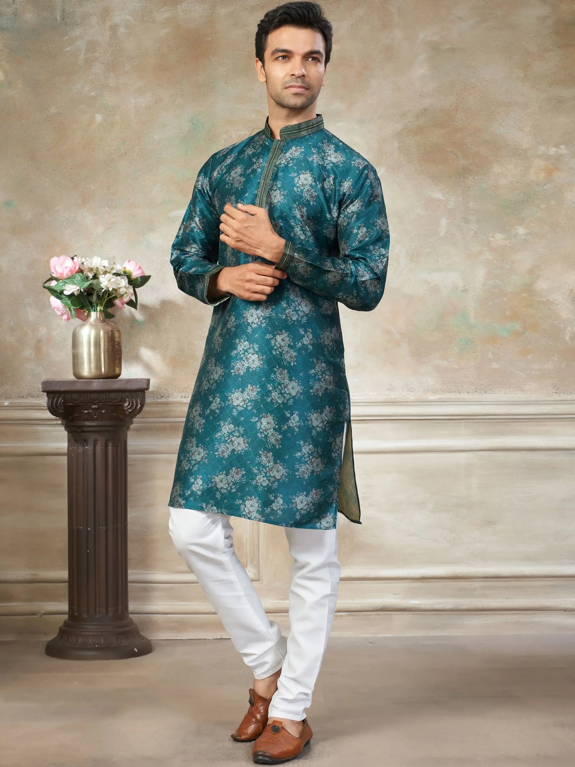 Attractive Teal Green Digital Printed Silk Wedding Wear Men Kurta Set
