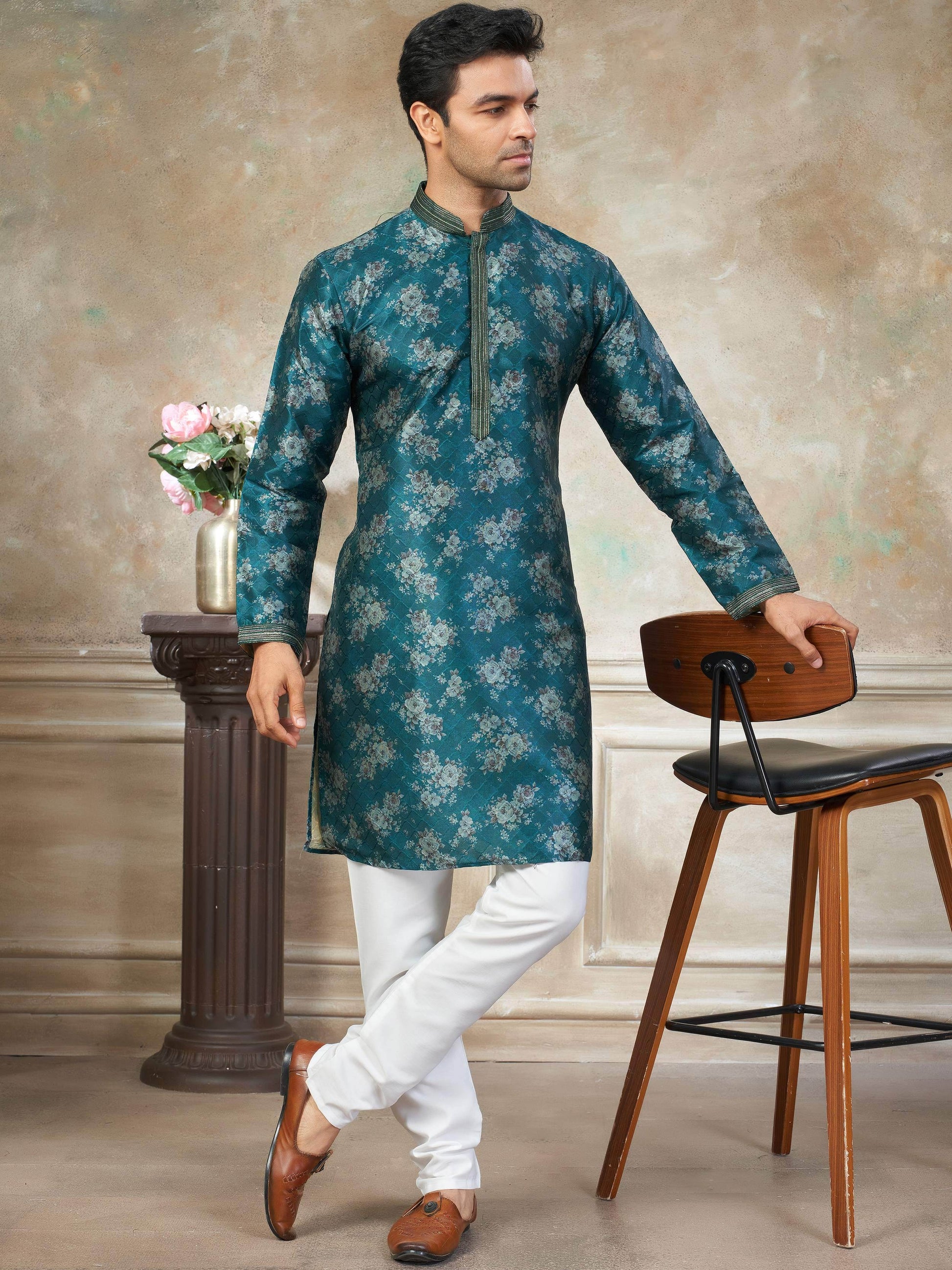 Attractive Teal Green Digital Printed Silk Wedding Wear Men Kurta Set