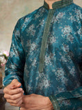 Attractive Teal Green Digital Printed Silk Wedding Wear Men Kurta Set