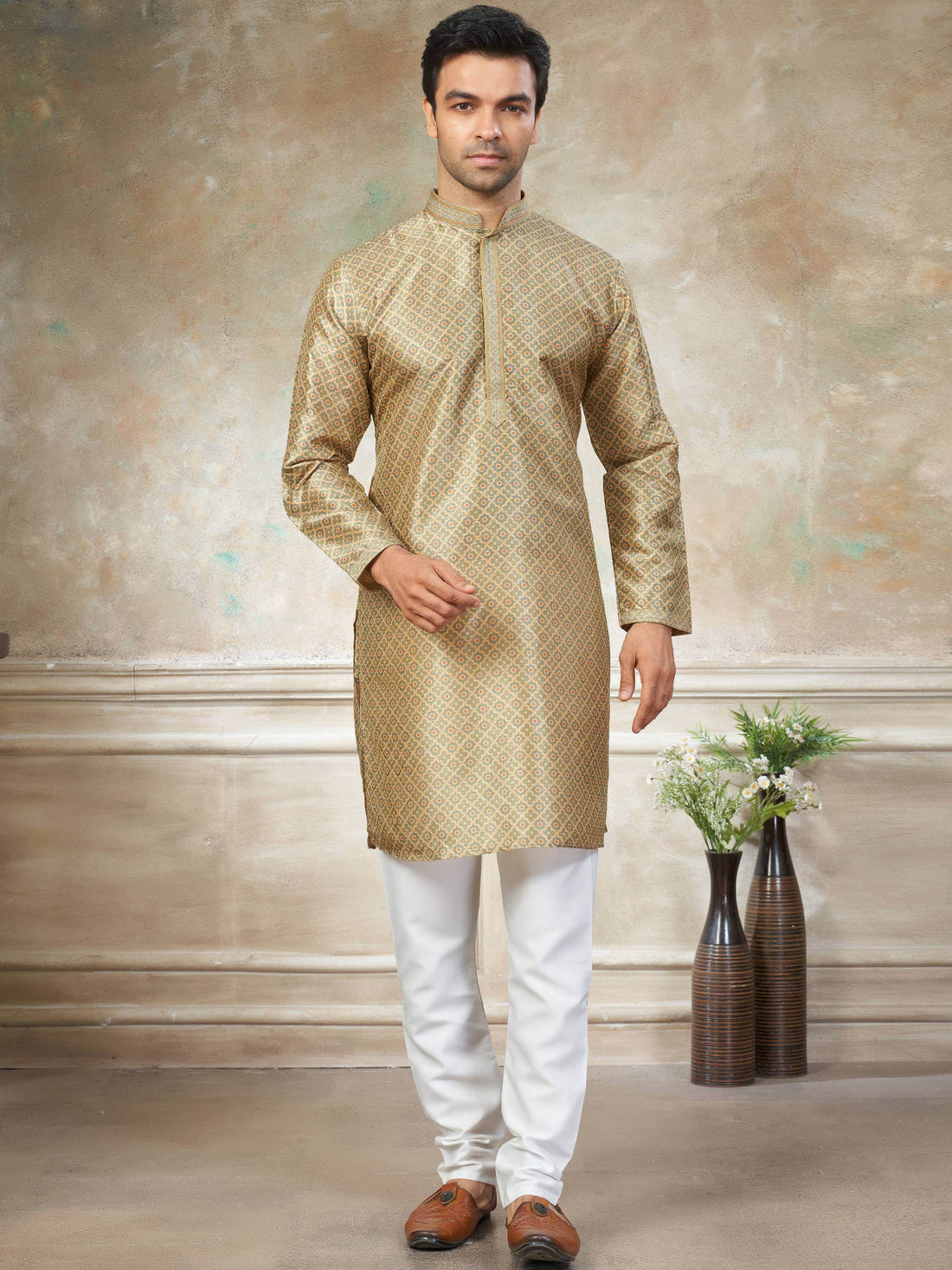Tremendous Golden Digital Printed Silk Designer Men Kurta Set