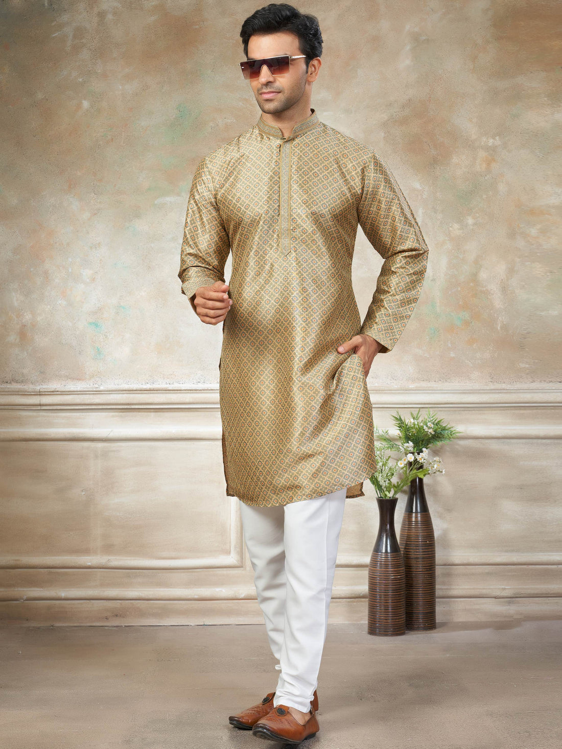 Tremendous Golden Digital Printed Silk Designer Men Kurta Set