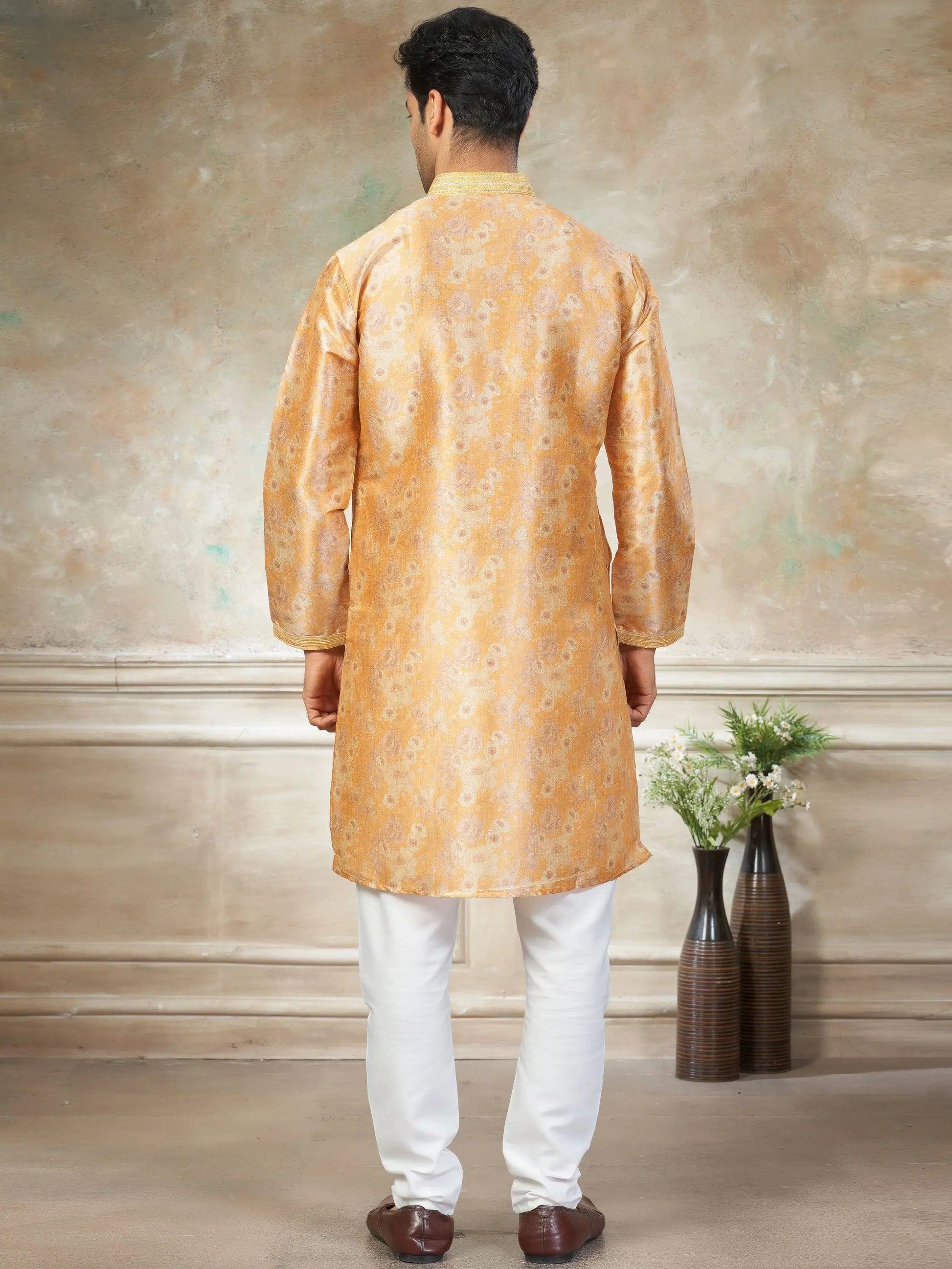 Outstanding Yellow Floral Printed Silk Haldi Wear Men Kurta With Pant Set