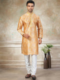 Outstanding Yellow Floral Printed Silk Haldi Wear Men Kurta With Pant Set