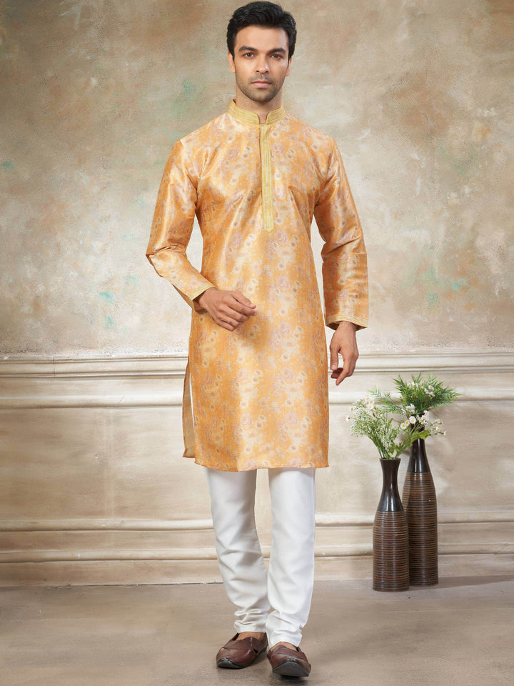 Outstanding Yellow Floral Printed Silk Haldi Wear Men Kurta With Pant Set