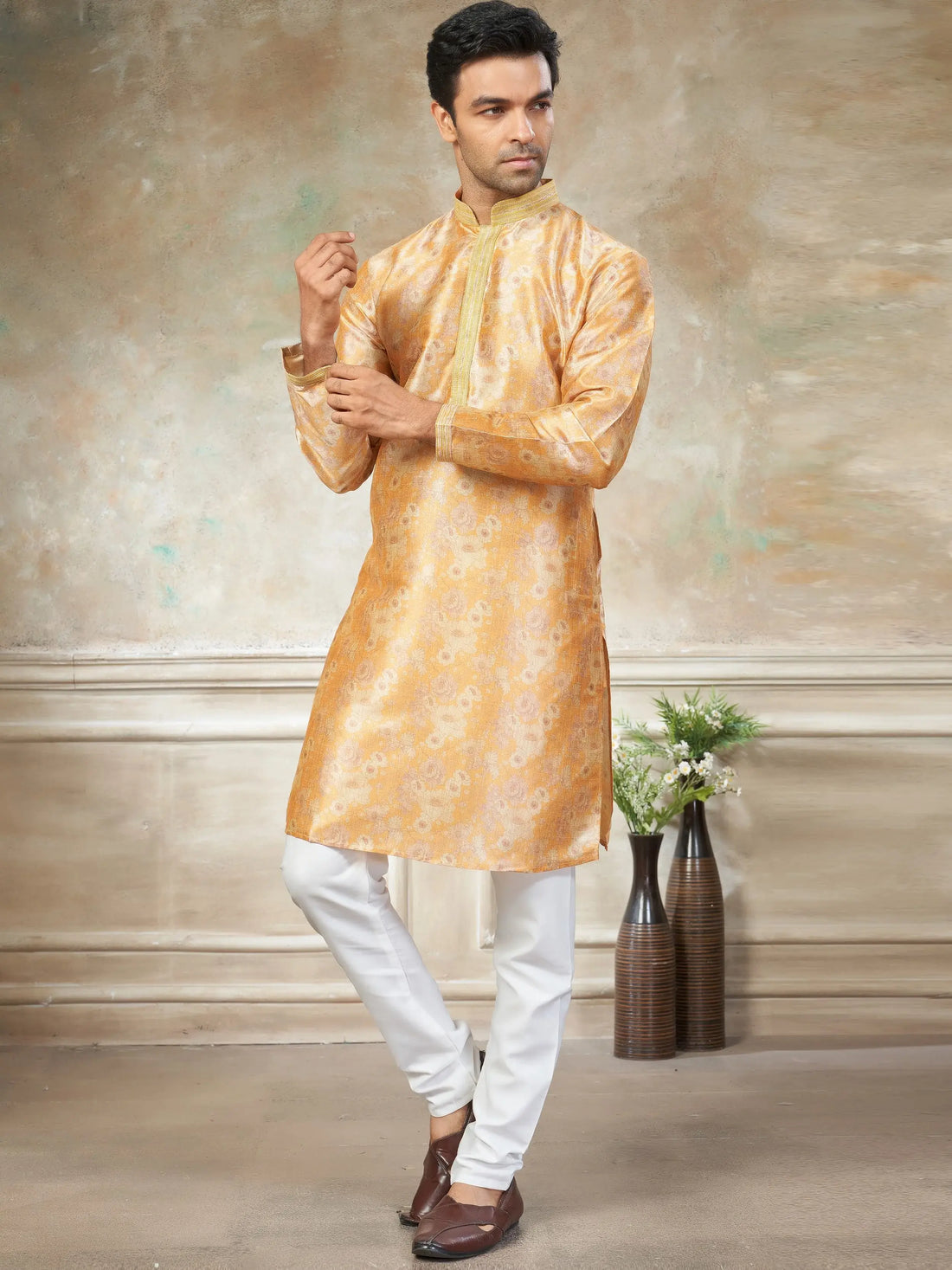 Outstanding Yellow Floral Printed Silk Haldi Wear Men Kurta With Pant Set