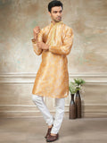 Outstanding Yellow Floral Printed Silk Haldi Wear Men Kurta With Pant Set