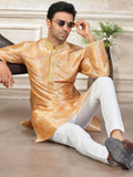 Outstanding Yellow Floral Printed Silk Haldi Wear Men Kurta With Pant Set