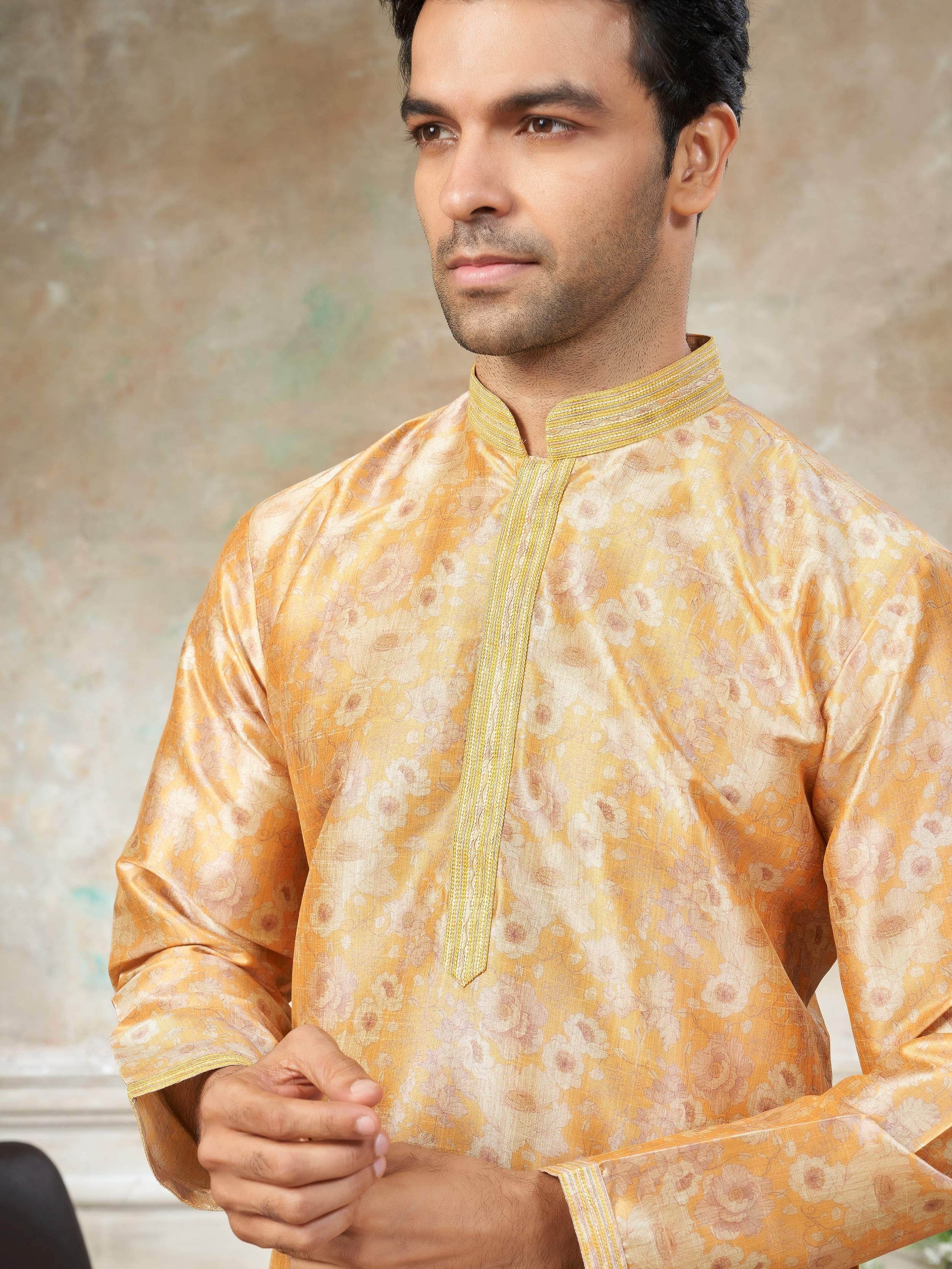 Outstanding Yellow Floral Printed Silk Haldi Wear Men Kurta With Pant Set