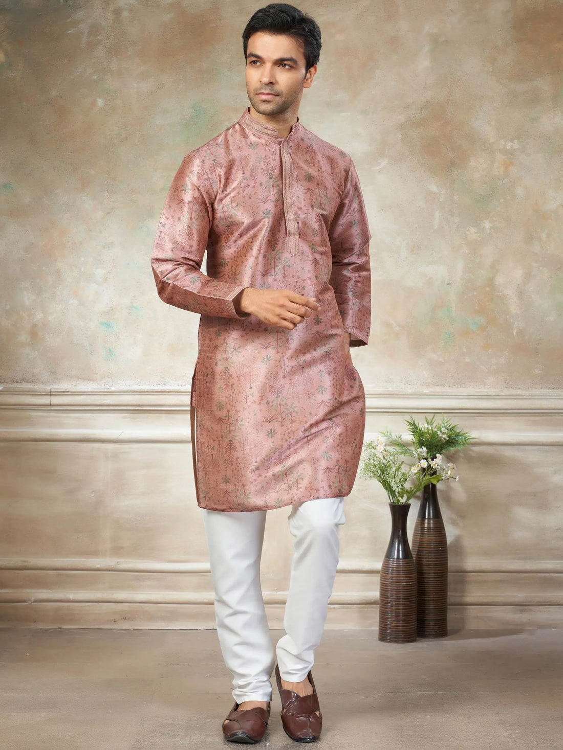Remarkable Pink Digital Printed Silk Function Wear Men Kurta With Pant Set