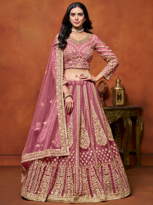 Beautiful Pink Zari Embroidered Net Bridesmaid Lehenga Choli With Dupatta